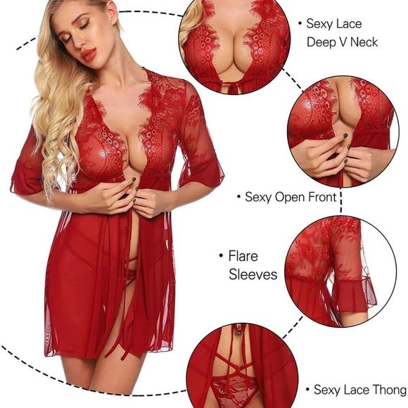 Women's Sexy Lingerie Babydoll Lace Chemise Sheer Mesh Open Front Sleepwear Set - Picture 2 of 6